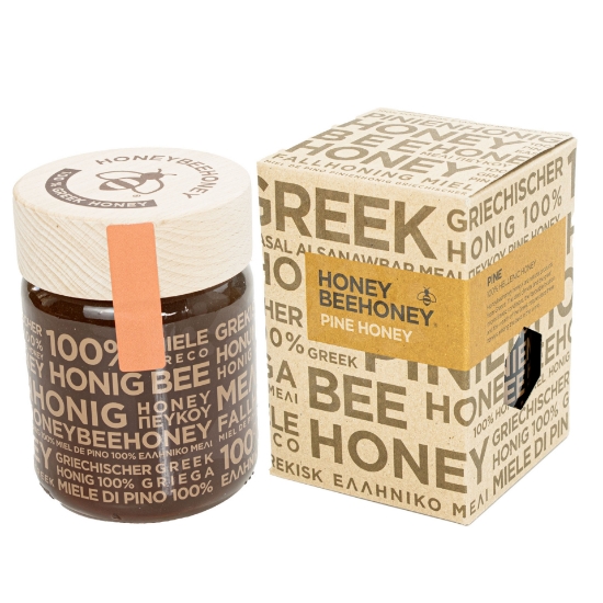 Jar of Premium Greek Raw Pine Honey with Dark Amber Hue